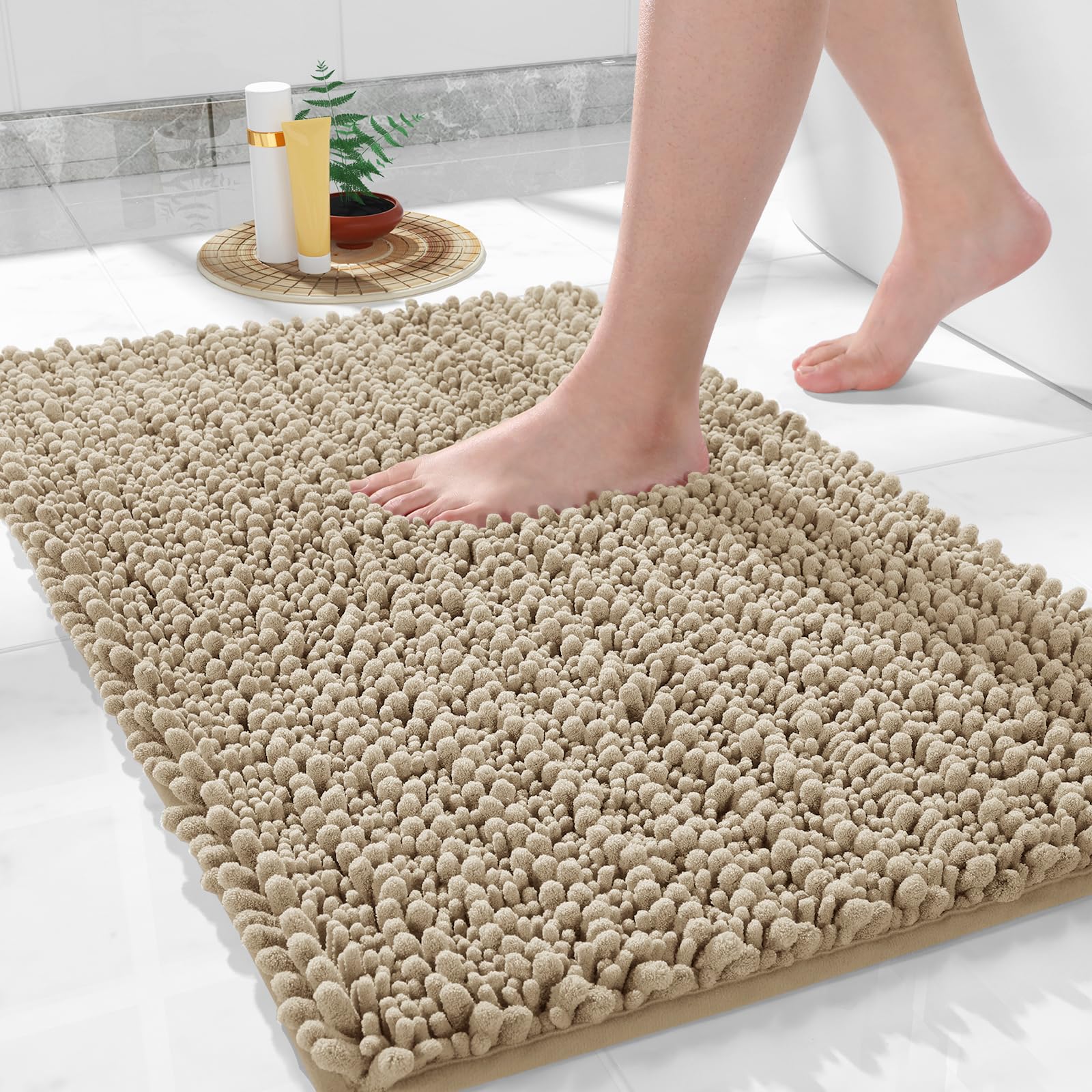 Photo 1 of Yimobra Bathroom Rugs Non Slip Washable 24x17 Inch - Ultra Soft Absorbent Chenille Bath Mat, Quick Dry Shaggy Floor Carpet for Tub Shower, Pale Khaki Home Decor Accessories