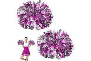 Pack of 2 Cheerleader Pompoms Hand Flowers Metallic Cheerleading Pom Poms, Metal Foil Cheerleading Pom Poms, Plastic Cheerlea