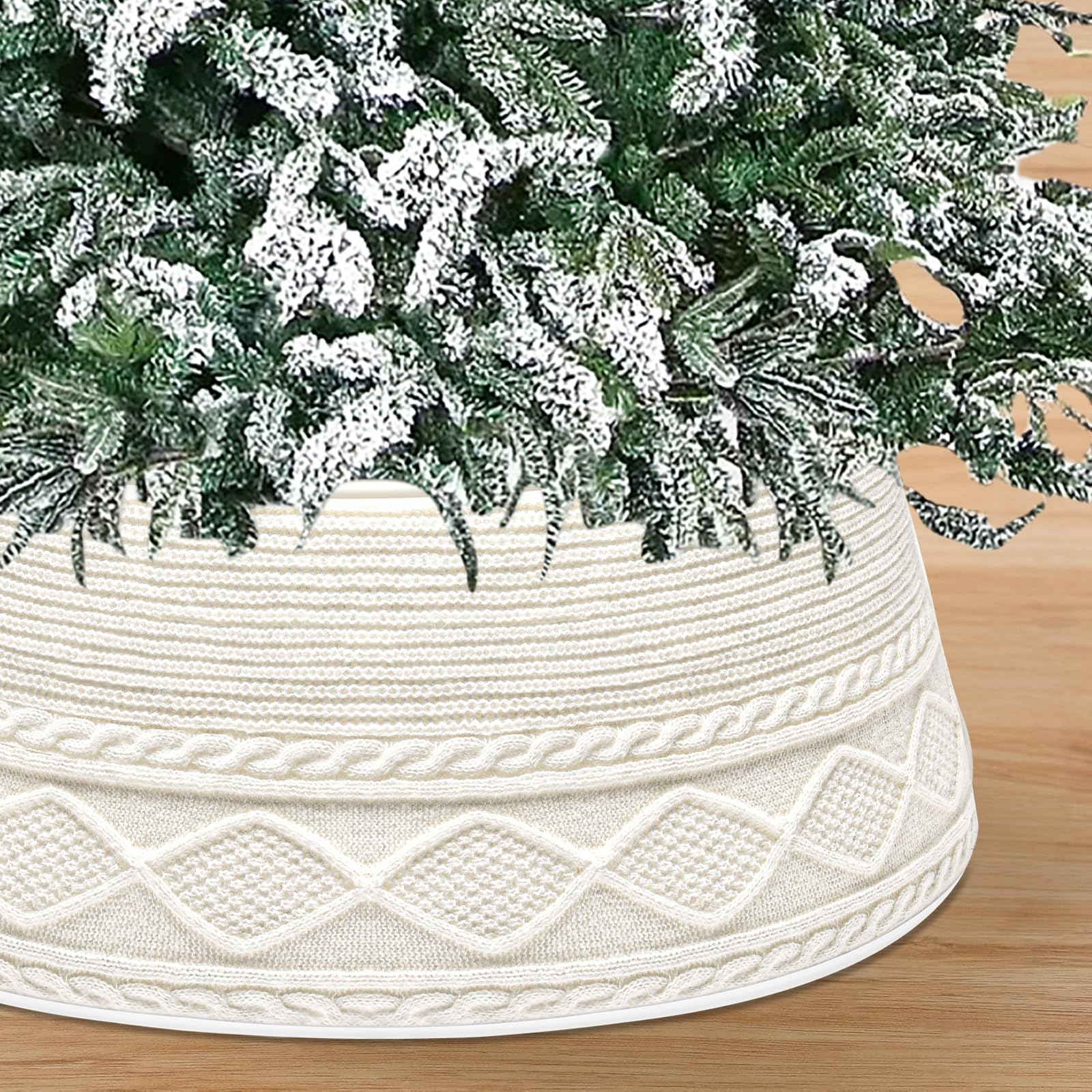 Photo 1 of Malier Christmas Tree Collar, 30’’ Knit Xmas Tree Collar, Christmas Tree Collars for Artificial Trees, 11" Extra Tall Tree Stand Base Cover Ring Skirt for 6 ft 9 ft Tree (White, 11''H × 30" W)