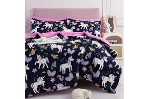 Mooreeke Kids Comforter Bed Set Twin Size for Girls, 6 Pieces Bed in a Bag with Shams, Sheet Set, Purple Pink Unicorn Twin Soft Microfiber Kids Comforter Bedding Set