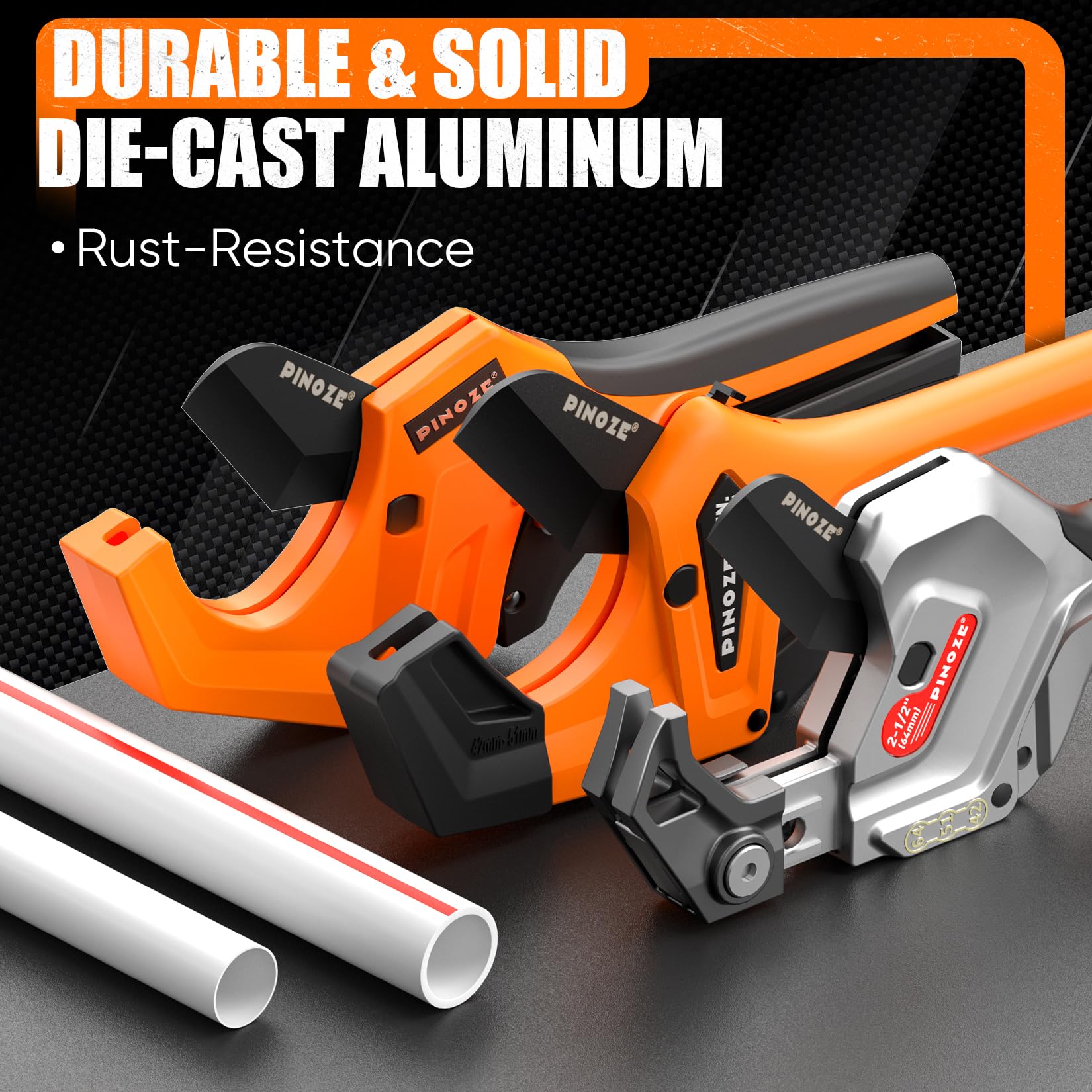 PINOZE PVC-Rohrschneider, 3-Gang-Einstellung, Schnitt bis zu 63 mm, Ratschen-Rohrschneider-Werkzeug, robust für PVC, PPR, PE, PEX, Kunststoffschläuche und Sanitärrohre mit Teflon-SK5-Klinge 5