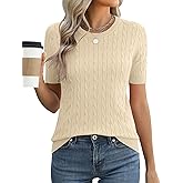 Micoson Womens Short Sleeve Cable Knit Sweater Tops Crewneck Lightweight Spring Summer Shirts Business Dressy Casual Outfits