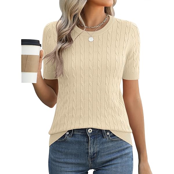 Cable Stitch Women's Ripple Stitch Short Sleeve Sweater