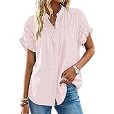 MASCOMODA Womens 2026 Button Down Shirts Ruffle Short Sleeve Loose Summer Tops Dressy Casual V Neck Business Work Blouses