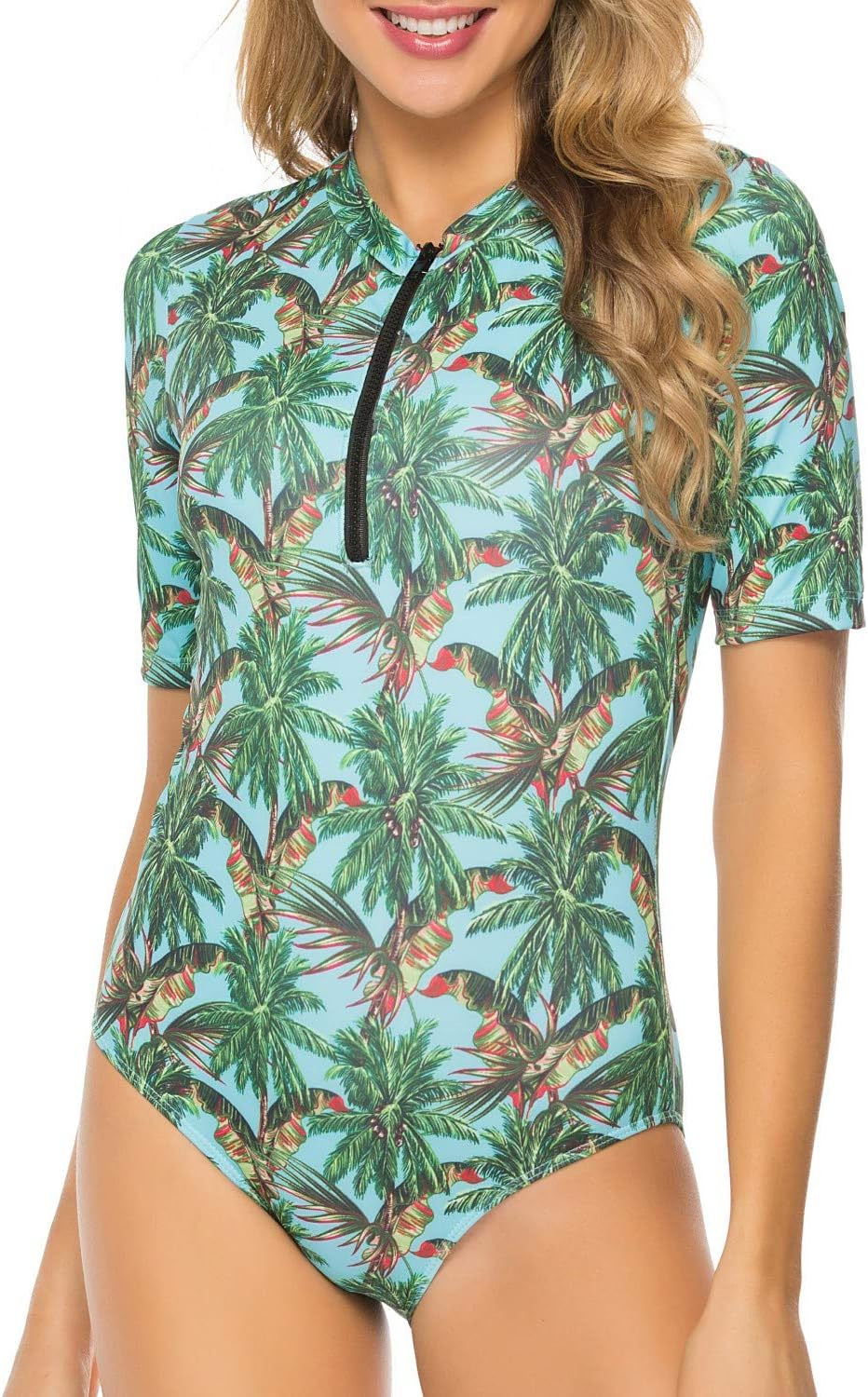RIGHR Women One Piece Long Sleeve Rash Guard Zip Front Swimsuit Swimwear Bathing Suit Green