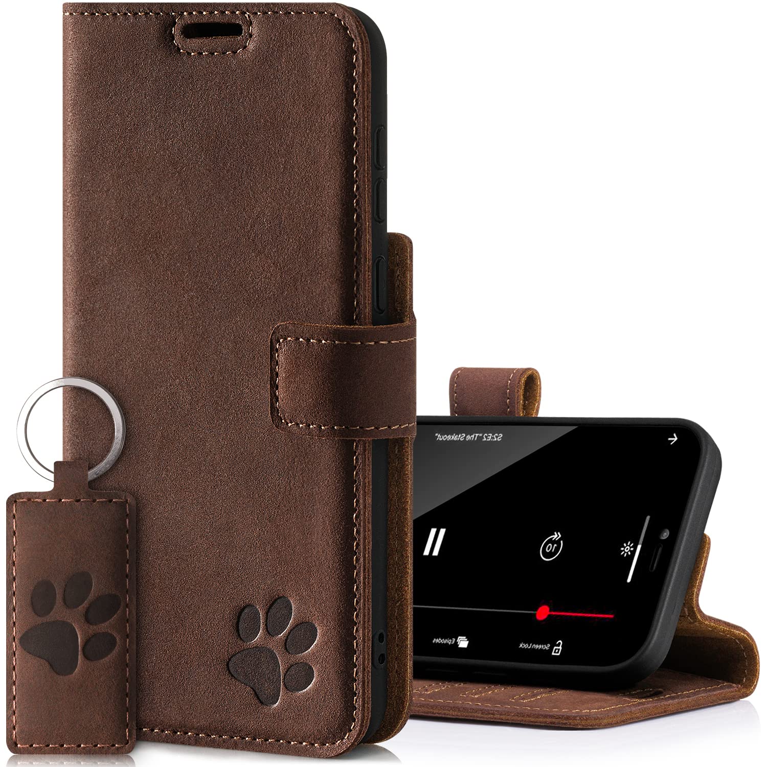 SURAZO Prestige Leather Case for Apple iPhone 13 Pro Max - RFID Flip Wallet - 3 Card Slots & Cash Pocket - Secure Magnetic Closure & Kickstand - Real Leather Phone Cover (Nut & Paw) — image 1