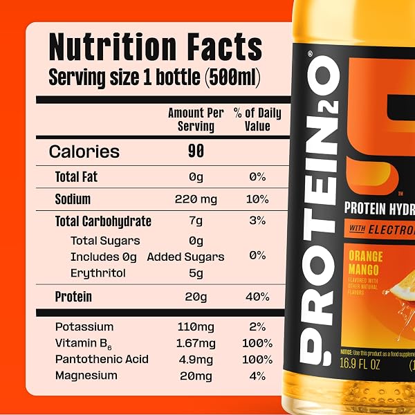 PROTEIN2O HYDRATION DRINK – 2-IN-1 LIQUID CLEAR WHEY PROTEIN ISOLATE AND ELECTROLYTE DRINK – 20G PROTEIN, VITAMINS B5, B6 – POST-WORKOUT RECOVERY – 16.9 FL OZ – 12 COUNT ORANGE MANGO