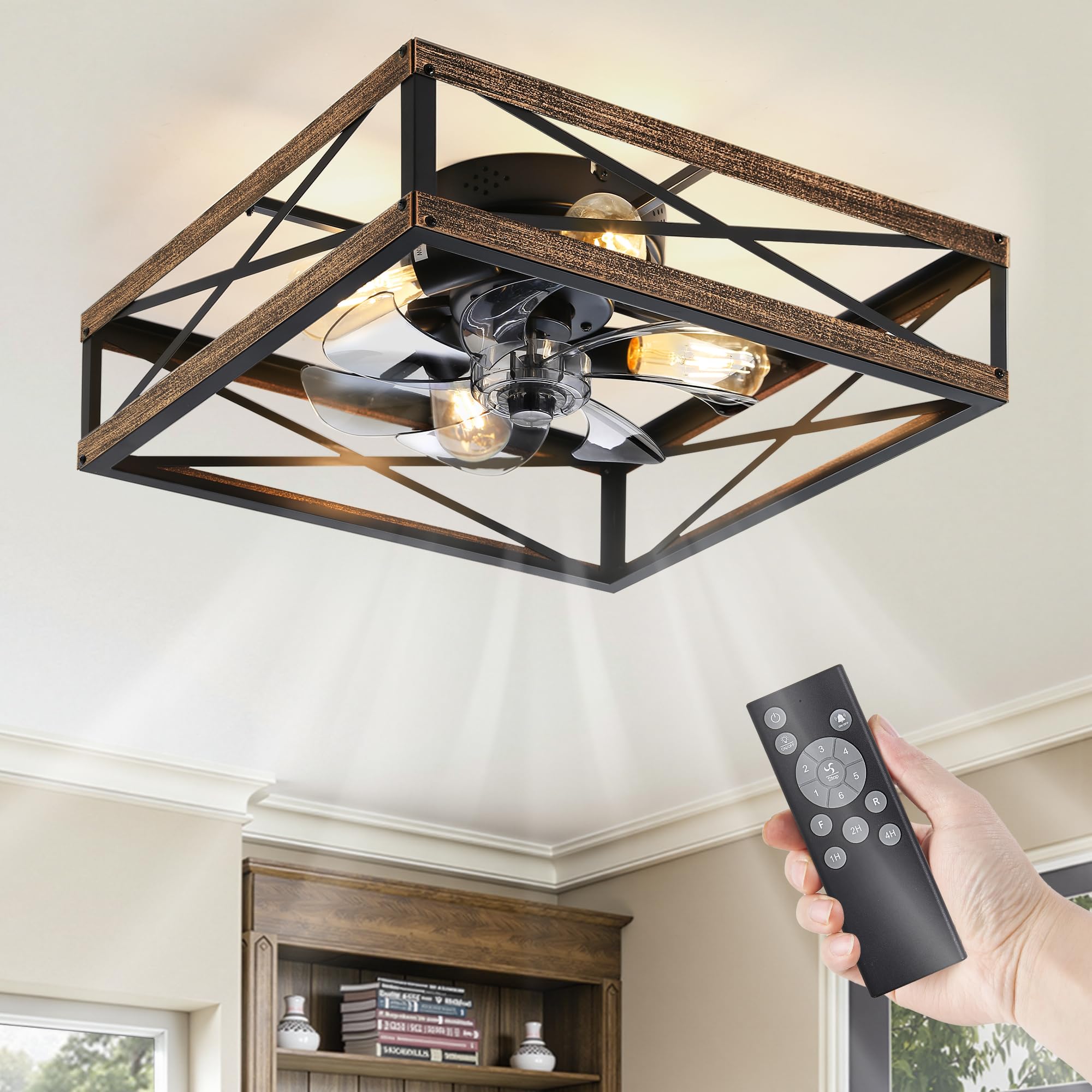 LEDIARY 20” Caged Flush Mount Ceiling Fans with Lights and Remote, Rustic Square Low Profile Ceiling Fan, 6 Speed and Reversible, Small Farmhouse Bladeless Ceiling Fan for Bedroom, Kitchen,Dining Room Image