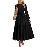 PRETTYGARDEN Women's Long Sleeve Spring Maxi Dresses 2026 Casual Smocked Trim Neck Swiss Dot Flowy Formal Wedding Guest Dress