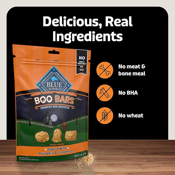 BLUE BUFFALO BOO BARS CRUNCHY DOG BISCUITS, NATURAL HALLOWEEN-SHAPED TREATS, PUMPKIN & CINNAMON RECIPE, 11-OZ BAG