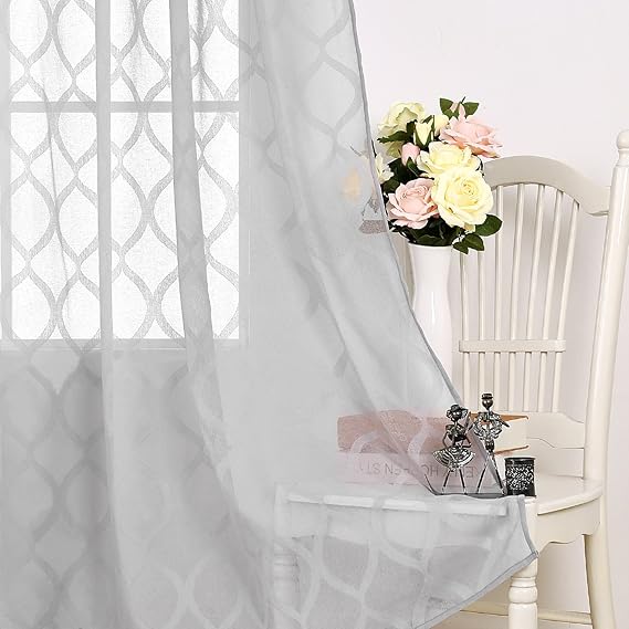 Deconovo Vorhang Ösenvorhang Transparent Stickerei Leinenoptik Gardinen 240x140 cm Grau Raute 2er Set