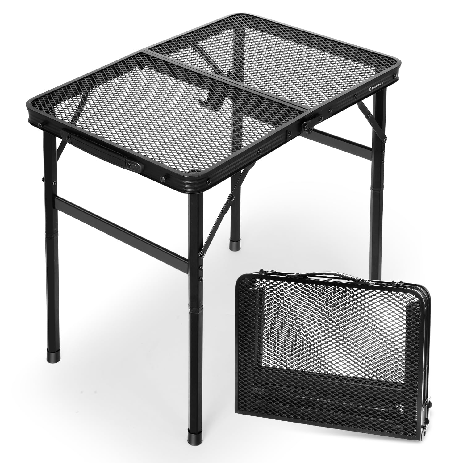 Photo 1 of 2Ft Small Folding Table with Carry Handle, Camping Table Adjustable Height 10.6–22 in, Black Metal Mesh, Portable & Compact for Outdoor/Indoor,Grill Table, 23.6×15.8 in, 4 lb, 66 lb Capacity