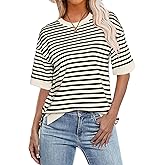 Glamaker Short Sleeve Lightweight Sweatshirt for Women Crewneck Striped Shirt Pullover Tops Loose Blouses
