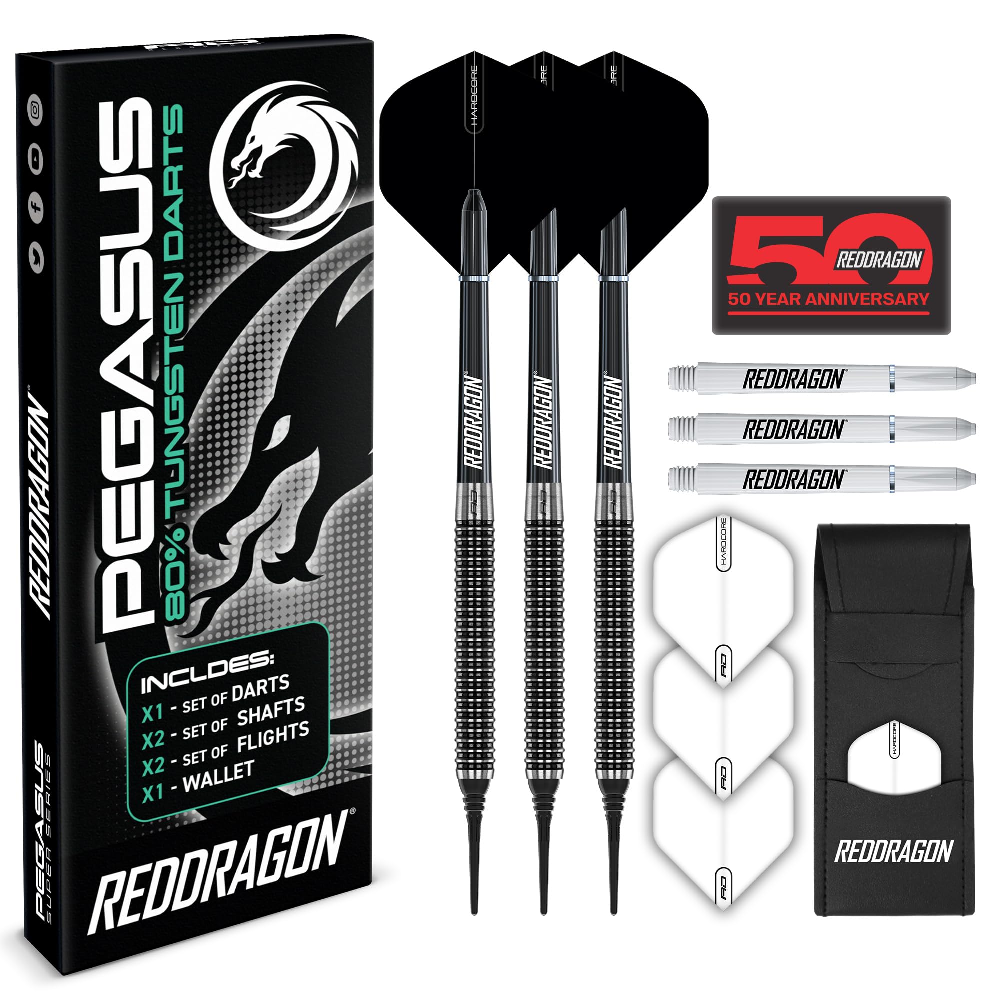 RED DRAGON Pegasus Soft Tip Darts Set - 18 gram - White Stems and White Flights