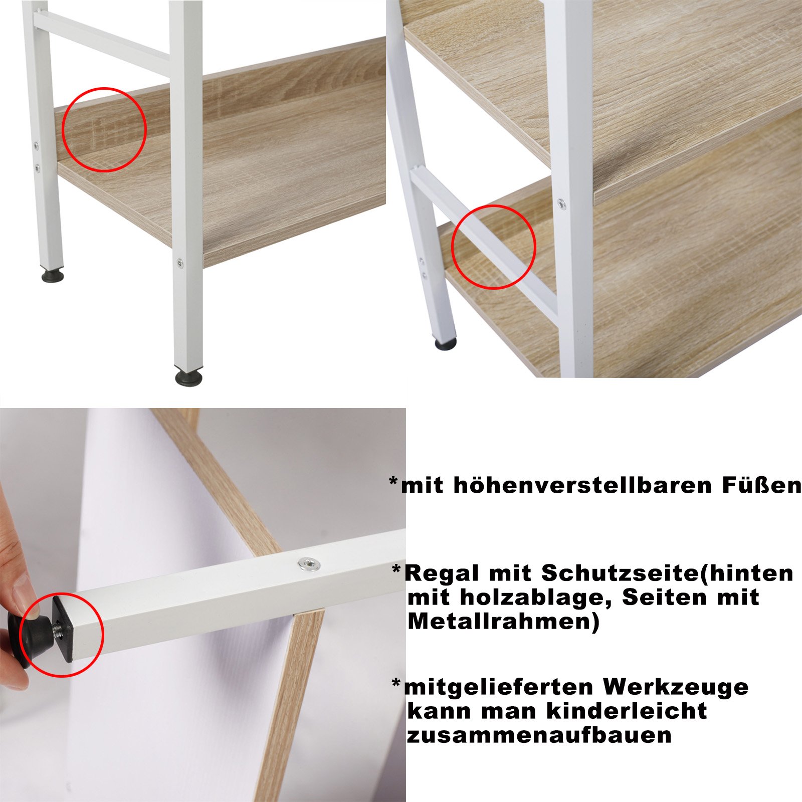 WOLTU Standregal mit 4 Ablagen Bücherregal Küchenregal Badregal aus Holz und Metal, Regale für den Abstellraum 60 x 27,5 x 126 cm Weiß + Hell Eiche RGB9304hei 6