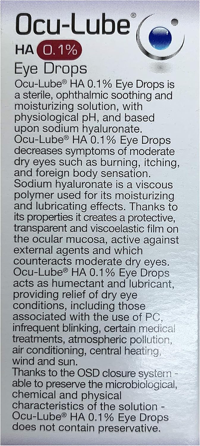 OcuLube HA 0.1 Eye Drops Sterile Sodium Hyaluronate Preservative Free