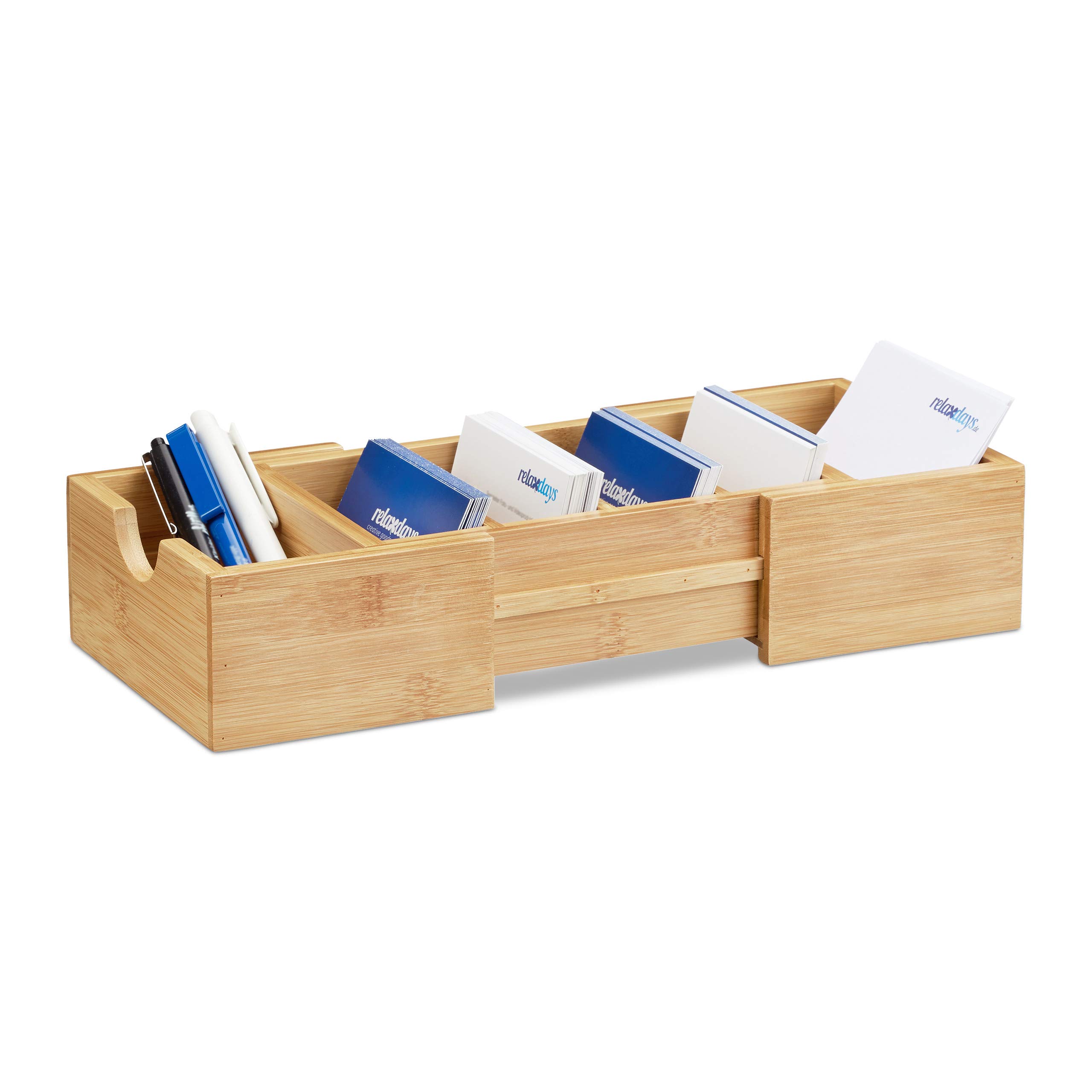 Relaxdays Bamboo Index Card Box DIN A8, Business Card Organiser, Pull-Out, HxWxD: ca 5.5 x 13 x 30 cm, Natural Brown