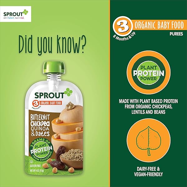 SPROUT ORGANICS BABY FOOD, BUTTERNUT, CHICKPEA, QUINOA & DATE, PLANT POWERED PROTEIN, 4 OZ PUREES (PACK OF 6)