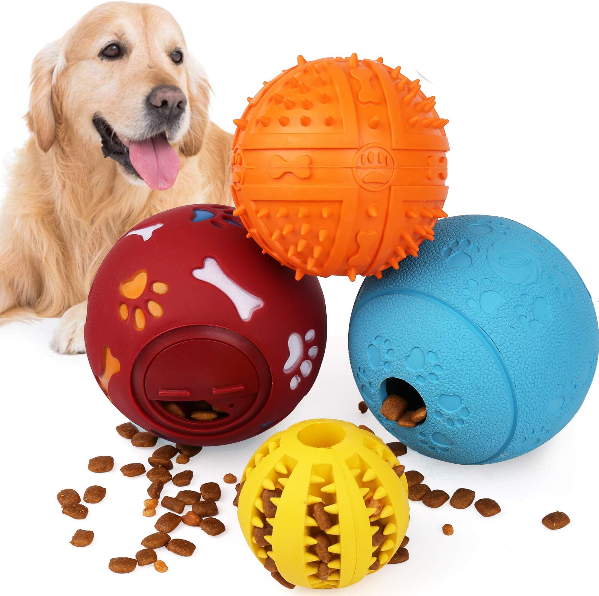 PrimePets IQ Treat Ball, 4 Pack, Fun Interactive Food Dispensing Dog Toys, Dog Puzzle Chew Toys, Non-Toxic Natural Rubber Dog Chew Toys, Interactive Dog Toys for Tooth Cleaning, Chewing, Playing