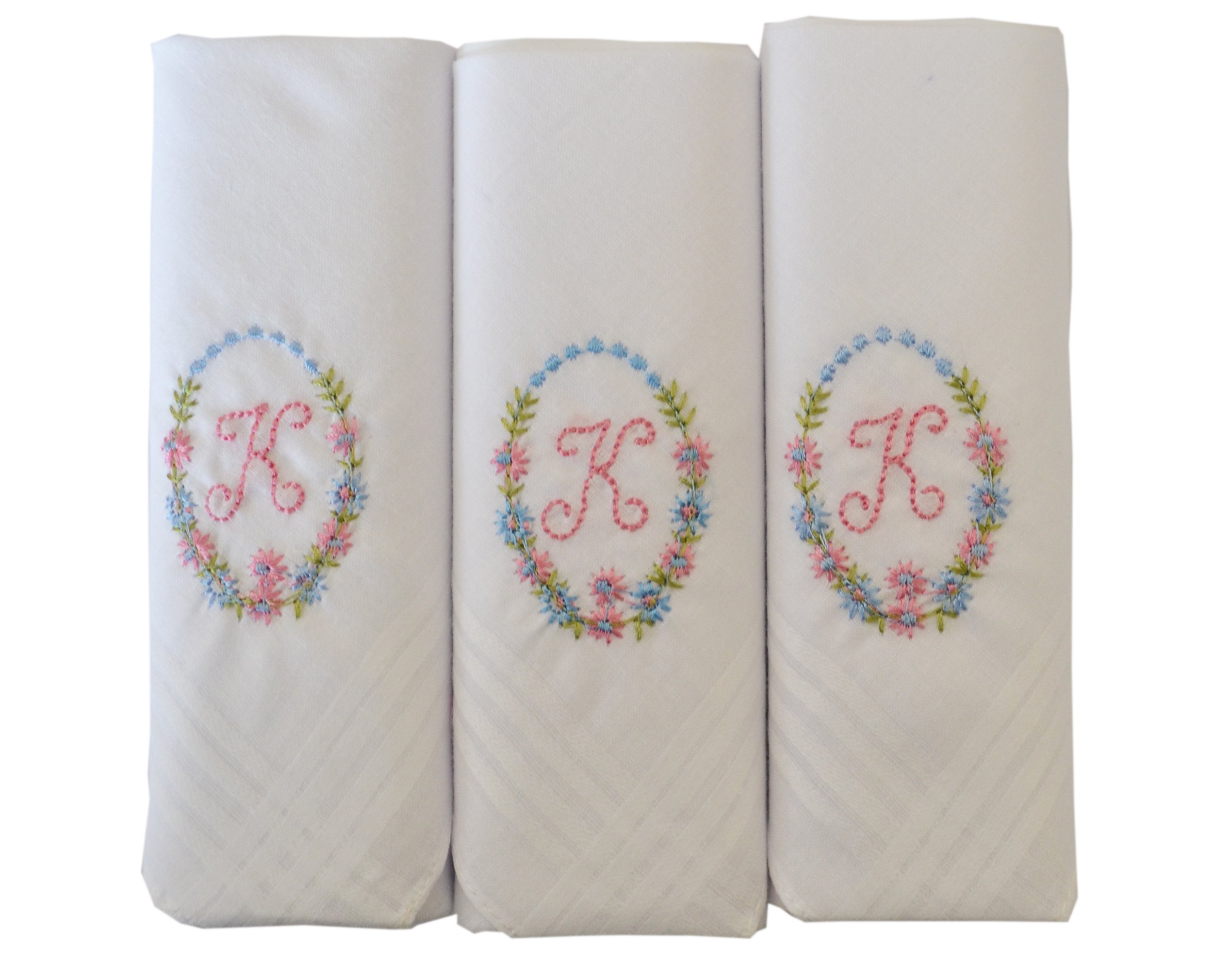 3 Pack Of Womens/Ladies Embroidered Initials Handkerchiefs With White Satin Border, K