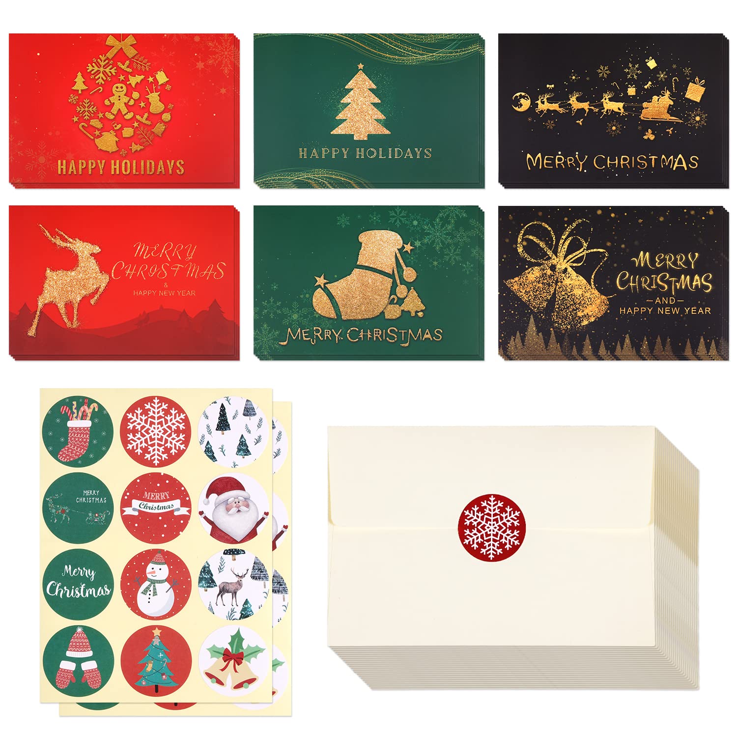 AIEX 24pc Merry Christmas Holiday Card Set, Greeting Cards with Envelopes, Round Stickers for Winter Season Gift Giving Xmas Gifts