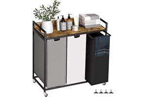 Herture Laundry Hampers with Shelf, Laundry Basket 3 Section, Laundry Sorter with Pull-Out Removable Large 3 Color Bags and Movable Wheels, Metal Frame, 3 x 15.87 Gallons (60L), Rustic Brown PF04XLN