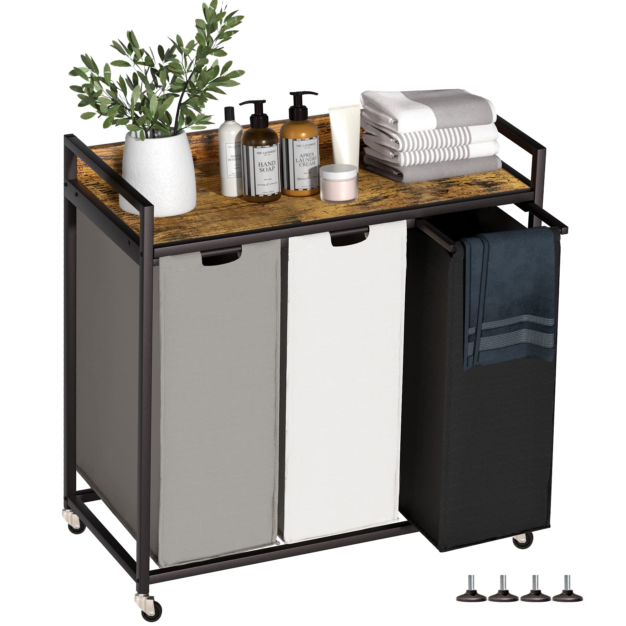 Herture Laundry Hampers with Shelf, Laundry Basket 3 Section, Laundry Sorter with Pull-Out Removable Large 3 Color Bags and Movable Wheels, Metal Frame, 3 x 15.87 Gallons (60L), Rustic Brown PF04XLN Image