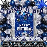 Blue and Black Birthday Decorations for Men Boys, Happy Birthday Decorations for Women Happy Birthday Door Banner, Balloons, Tablecloth Foil Backdrop Star Balloons for Mens Bday Party Decor