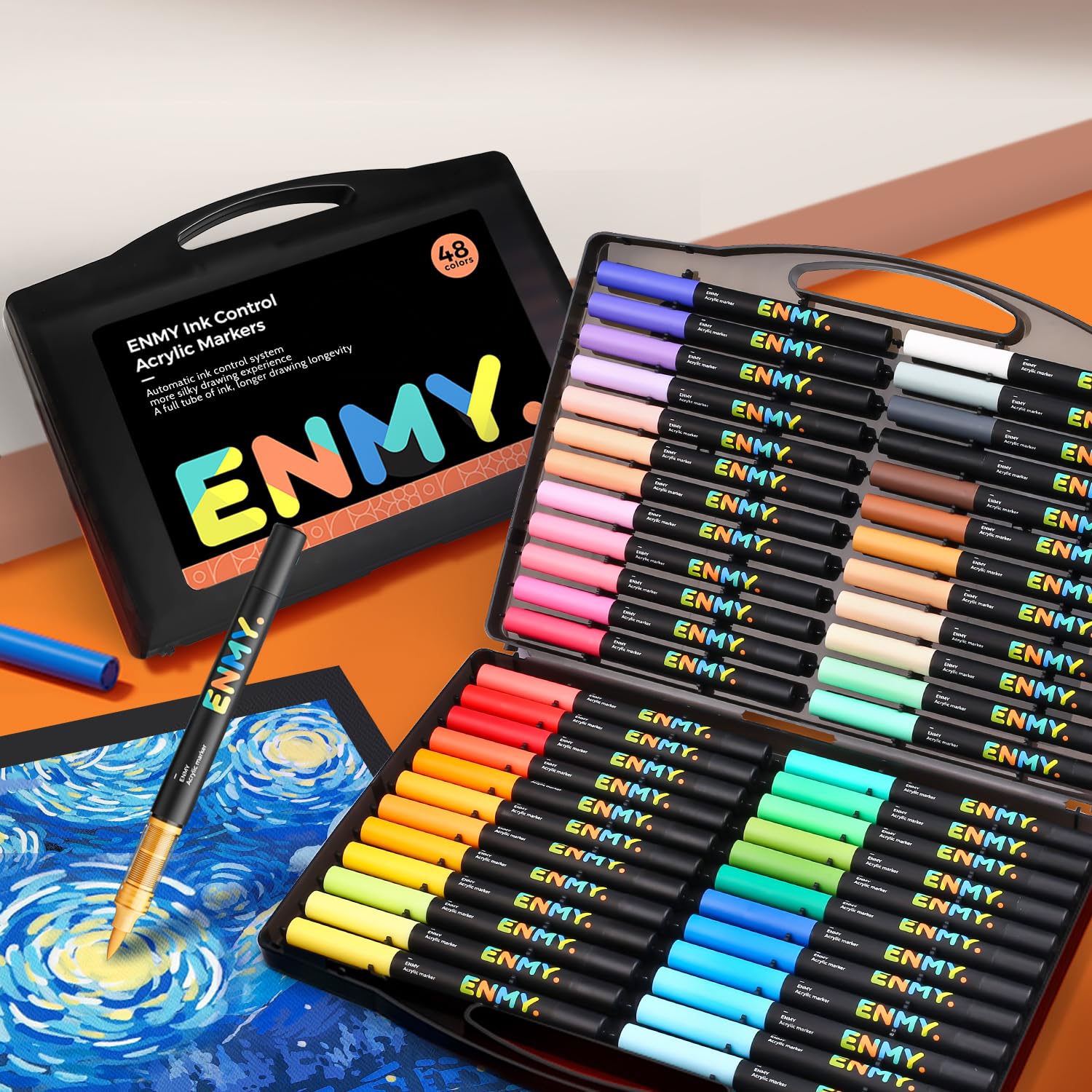 Photo 1 of ENMY 48 Colors Acrylic Paint Pens, Direct Liquid Acrylic Paint Marker Pens, Fabric Markers for Textile, Canvas, Rock, Glass, Wood, Paper, DIY, Acrylic Coloring Markers for DIY Craft Supplies