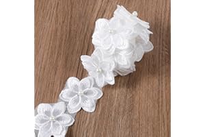 XTHROTSENK 3 Yards Organza Flower Trims 3D Pearl Beads Lace Edge Trims Ribbon Vintage Edging Trimmings Fabric Embroidered Applique Floral Applique for Sewing DIY Crafts Wedding Dress Embellishment