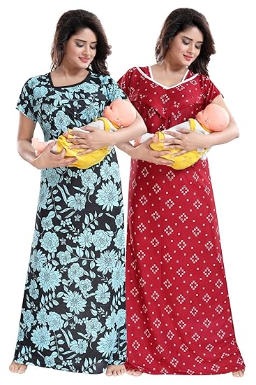 Multicolored Sarina Satin Women Maternity Nighty for Feeding (Pack of 2) - Free Size