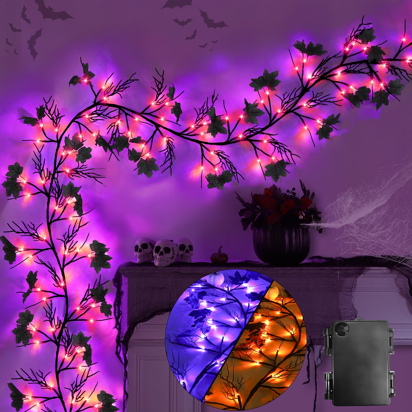 Photo 1 of 3 Color Change - 9 Ft 72 LED Halloween Garland Black Maple Leaf Willow Vine Twig with Timer 4 Modes Purple Orange Lights Battery Operated Halloween Decorations for Home Wall Fireplace Indoor Outdoor