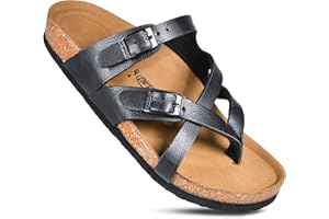 AEROTHOTIC Womens Strappy Slip-On Modern Memory Foam Cushion Footbed Outdoor Adjustable Buckle Cork Footbed Slides for Sandals with Comfortable Arch Support