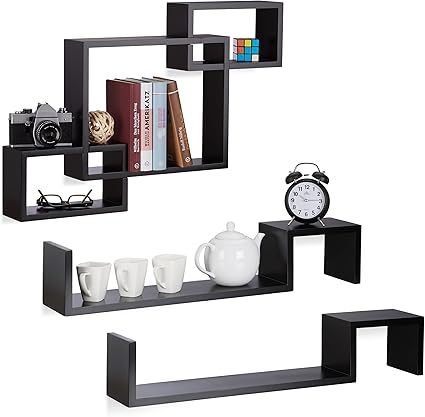 Relaxdays 3 TLG. Hängeregal Set schwarz, Wandregal Cube, Würfelregal