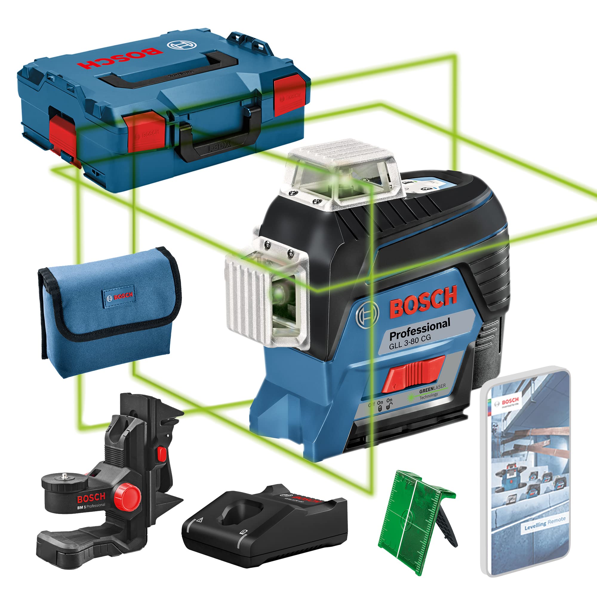 Bosch Professional 12V System Niveau Laser Lignes Gll 3-80 Cg (1 Batterie 12V, Laser Vert, Pour L'Intérieur, Avec Fonction D'Application, Portée : Jusqu’À 30 M, Support Universel Bm 1, L-Boxx)