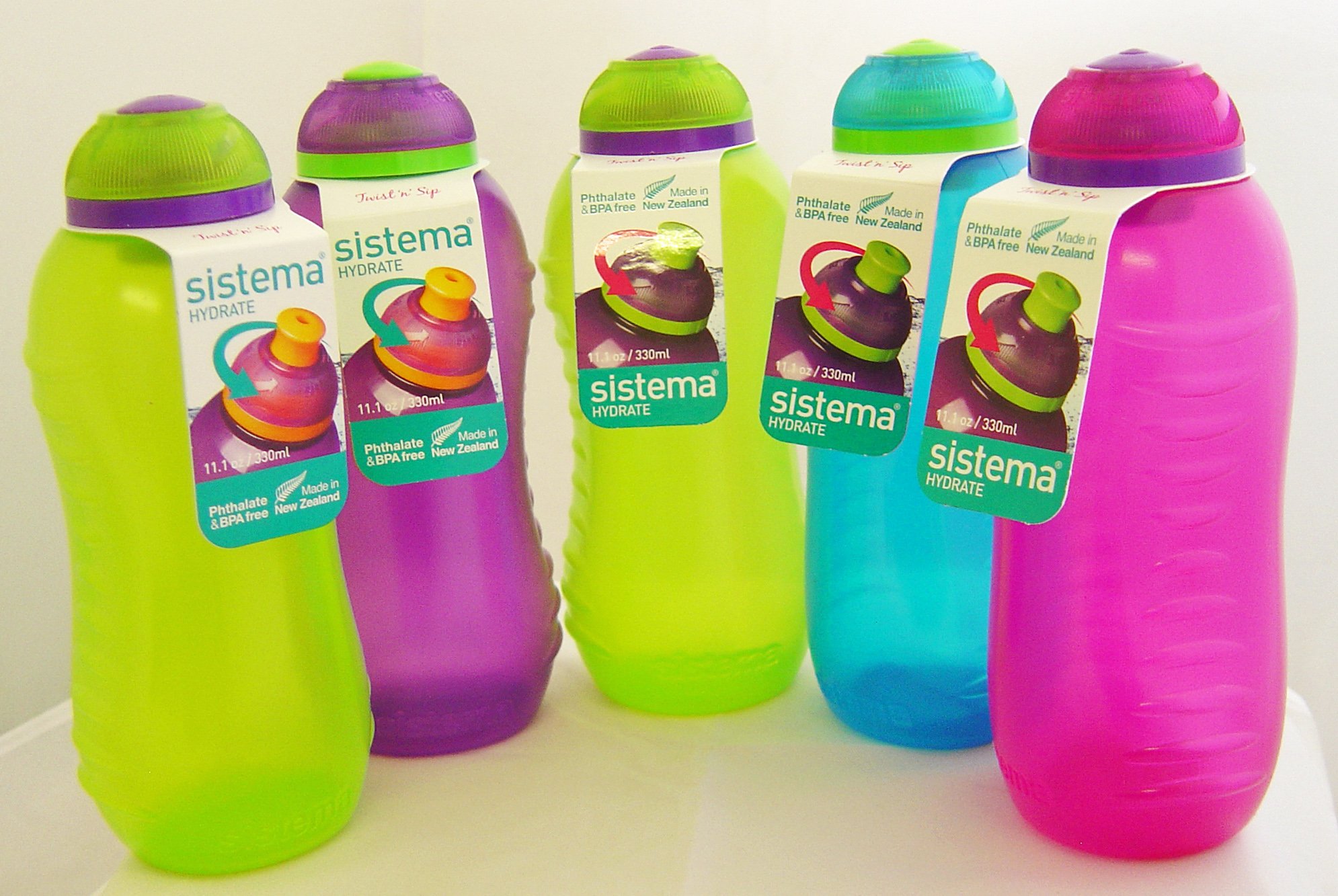 Set of 5 Sistema 330ml Drink Bottles, Assorted Colours
