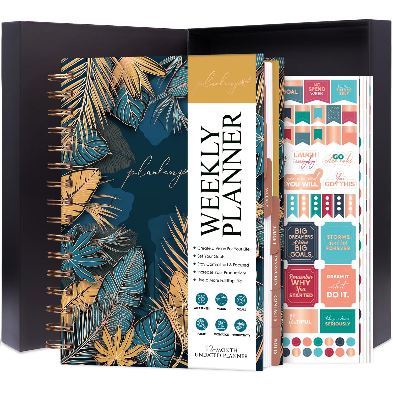 PLANBERRY Weekly Planner – Elegant Life & Budget Planner to Hit Your Goals & Live Happier – Organizer & Productivity Journal – 17.5 x 21.5cm Hardcover, Undated + Stickers (Tropical Forest) — image 1