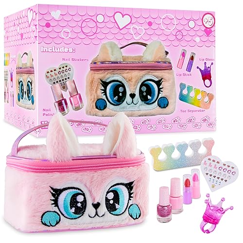 Kids Play Makeup or Nail Polish Set Non Toxic Nail Varnish Lip Gloss Lipstick Nail Art Stickers (Pink)