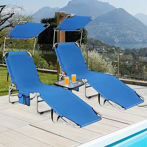 GYMAX Tanning Chair, Beach Lounge Chair with Canopy Sunshade, Carry Handle  Pocket, Level Adjustable Layout