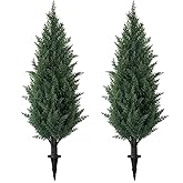 3FT Artificial Cedar Topiary Trees with Ground Spike, UV Resistant Artificial Bushes, Set of 2 Faux Cypress Plants Faux Shrubs for Outdoor Indoor Front Porch Garden