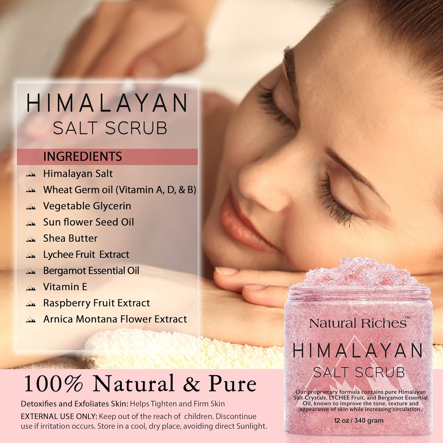 Natural Riches Himalayan Salt Body Scrub - (12 Oz / 340 gm) - Deep Cleansing Exfoliator, All-Natural exfoliate with Vitamin C, Bergamot and Lychee Essential Oils : Beauty