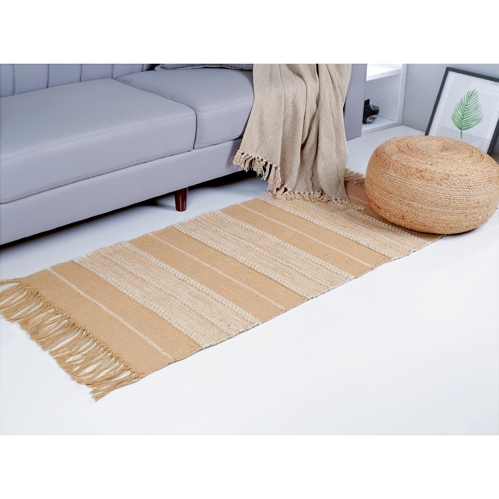 ETHNICITI Cotton Jute Slub Weave Shoddy Braided Beige Natural Eco-friendly Reversible Flat Kilim Dhurrie Area Rug Mat Hallway Bedroom Lounge Living Dining Utility Room Pet Yoga- 70 x 140cm (2'4"x4'7")