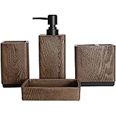 Hymmah Wood Grain Design Bathroom Accessories Set,Farmhouse Bathroom Decor,4 Pcs Resin Gift Set Apartment Necessities, Contain Cotton Swab Jar,Soap Dispenser,Tumbler，Soap Dish/Tray
