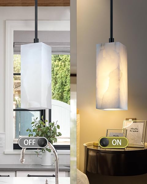 RAINLIGHTING 1 LIGHT MODERN INDUSTRIAL FARMHOUSE HANGING KITCHEN ISLAND PENDANT CEILING LIGHT FIXTURE,SQUARE NATURAL ALABASTER MARBLE BLACK FINISH OVER SINK RESTAURANT BAR CORRIDOR