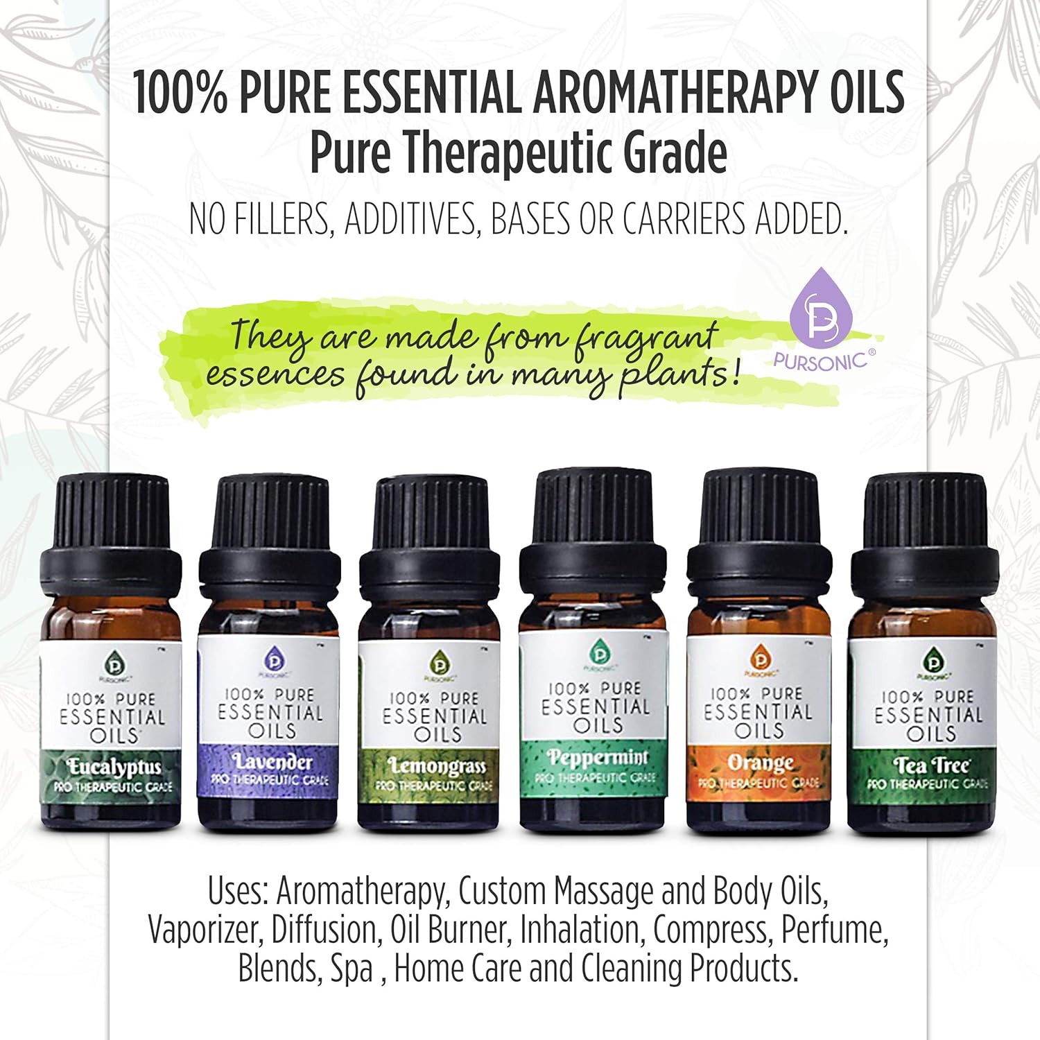 Pursonic 100% Pure Essential Aromatherapy Oils Gift Set-6 Pack , 10ML(Eucalyptus, Lavender, Lemon grass, Orange, Peppermint, Tea Tree): Home & Kitchen