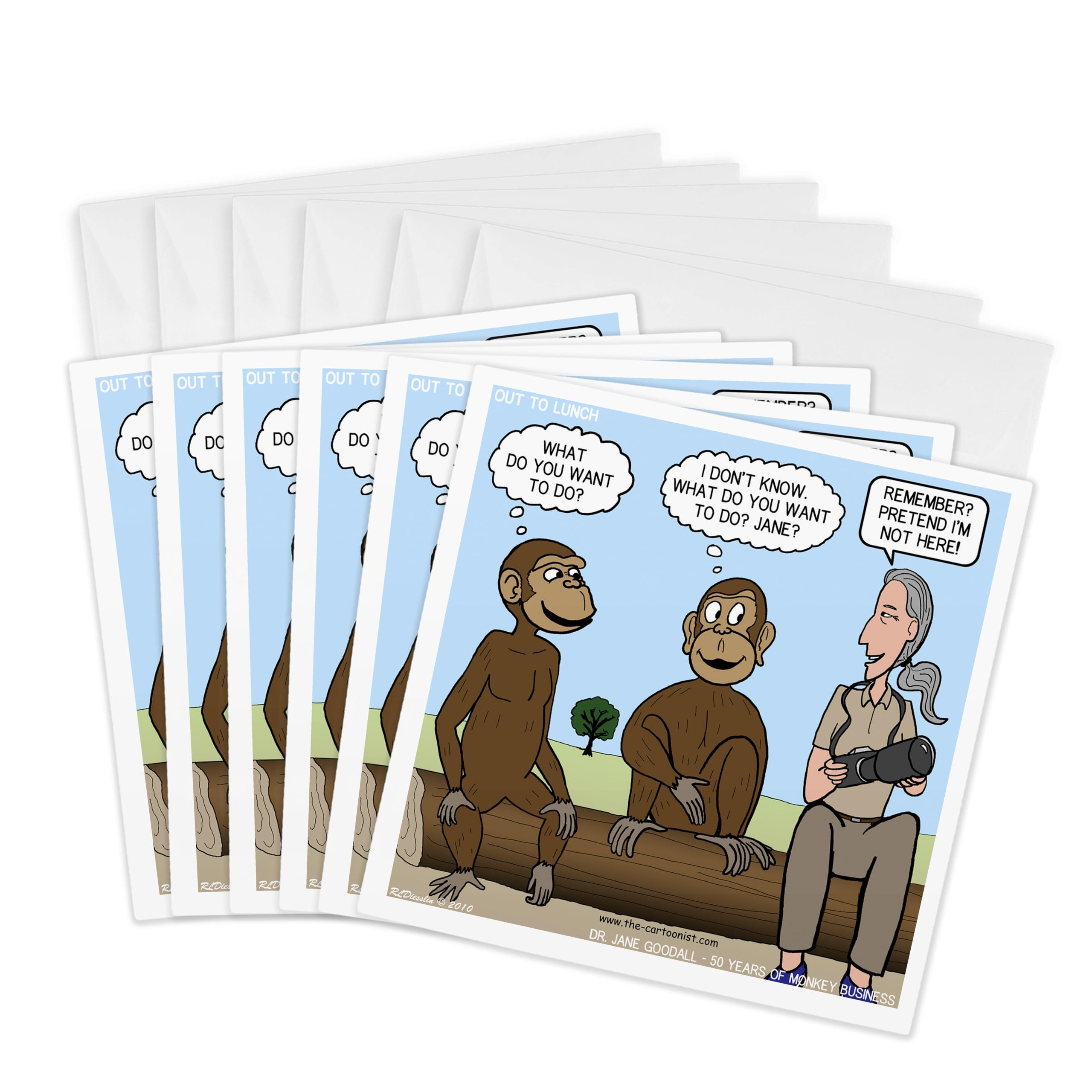 3dRose gc_5296_1 6 x 6-Inch "Dr Jane Goodalls 50Th Anniversary at GDI - Monkey Business" Greeting Card (Pack of 6)