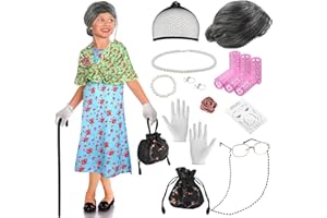 Yingzhao 20 Pcs 100th Day of School Old Lady Costume for Kids Girls Granny Wig Grandma Dress Glasses Cane Necklace (Trendy Style,L)