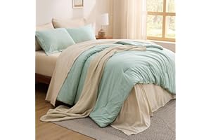 Bedsure Queen Comforter Set - 7 Pieces Sage Green Queen Bedding Set for All Seasons, Boho Contrasting Design Bed in a Bag with Comforter, Sheets, Pillowcases & Shams