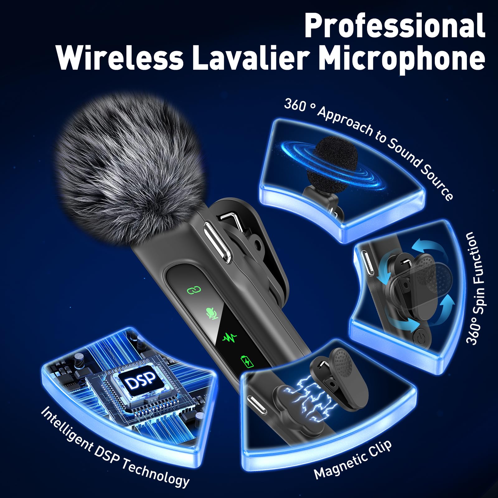 USB C Mini Wireless Lavalier Microphone for iPhone/Android,Lapel Mic with Magnetic Clip-on for Record Video，Lav Mic with LED Display Podcast Vlog Content Creator Interview