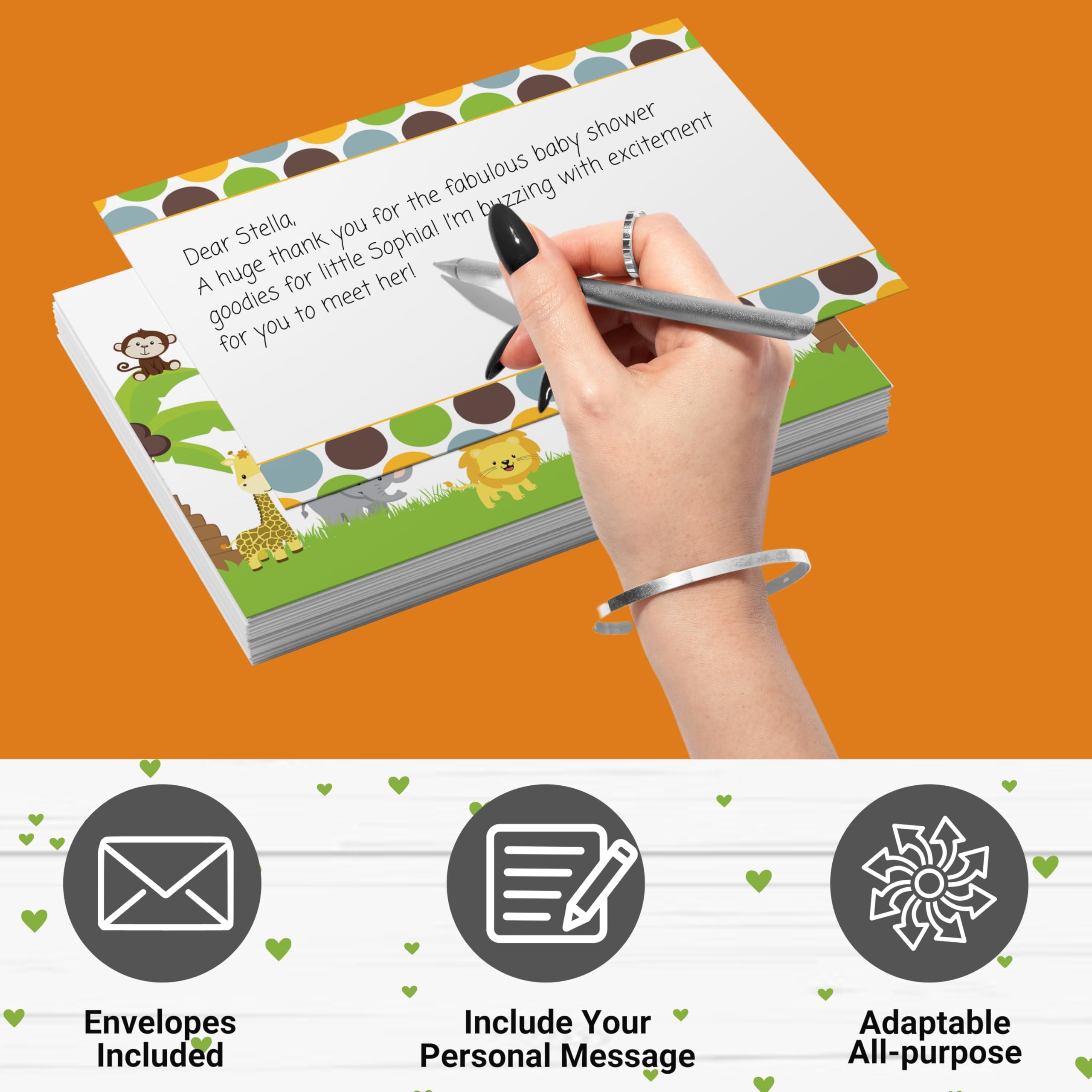 Cute Jungle Baby Shower Thank You Cards with Envelopes (25 Pack) Preprinted Message from Baby Boys or Girls with Customizable Space for Handwritten Note from New Parents, 4x6 Double-Sided Card